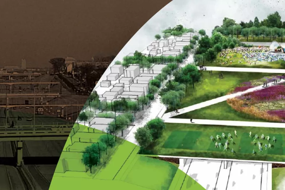 Rendering of land bridge over freeway in St. Paul, Minnesota